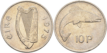 Ирландия 10 пенсов 1975 лосось KM 23 медно-никель XF-UNC 4583-342