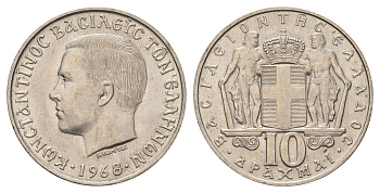 Греция 10 драхм 1968 год-тип, Константин II (1964-1973) KM 96 медно-никель UNC 4667-836