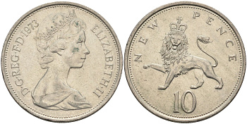 Великобритания 10 пенсов 1973 Елизавета II (1952-2022) KM 912, Spink 4231 (F1) медно-никель 81-1223