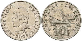 Французская Новая Каледония 10 франков 2009 рыбачья парусная лодка, (IEOM) KM 11a, Schoen 13a, Lec 99k медно-никель 62-355