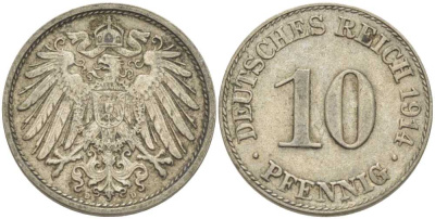 ГЕРМАНИЯ 10 ПФЕННИГОВ 1914 D KM 12, J. 13, Weege 8 медно-никель 212-254