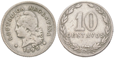 Аргентина 10 сентаво 1898 KM 35 медно-никель 4621-1045