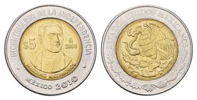 Мексика 5 песо 2008 Двухсотлетие независимости - Мариано Матаморос KM 902 биметалл UNC 216-1212