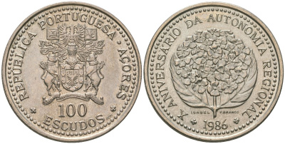 Португалия, Азорские острова 100 эскудо 1986 10 лет автономии Азорских островов KM 45 медно-никель  UNC 00-00