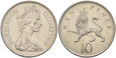 Великобритания 10 пенсов 1973 Елизавета II (1952-2022) KM 912, Spink 4231 (F1) медно-никель 81-1223