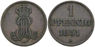 Ганновер 1 пфенниг 1851 B, Эрнст Август (1837-1851) KM 201.1, AKS 129, J. 74 медь 4608-1115