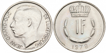 ЛЮКСЕМБУРГ 1 ФРАНК 1978 ВЕЛИКИЙ ГЕРЦОГ ЖАН (1964-2000) KM 55 медно-никель UNC 68-616