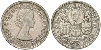 Южная Родезия 1 крона 1953 100 лет со дня рождения Сесиля Родса, Елизавета II (1952-2022) KM 27 серебро 01-236-35