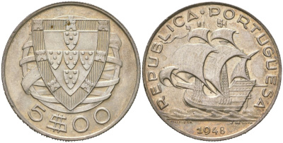 Португалия 5 эскудо 1948 KM 581 серебро aUNC 4579-116
