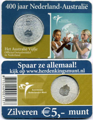 Нидерланды 5 евро 2006 400 лет открытия Австралии в 1606 году голландским капитаном Биллемом Янсоном, в оригинальном буклете KM 255 серебро UNC 2-5-2-41