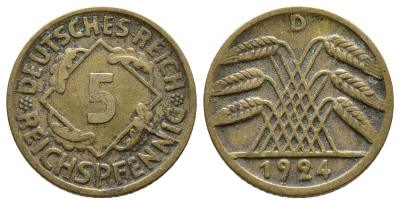 ГЕРМАНИЯ 5 РЕЙХСПФЕННИГОВ 1924 D KM 39, J. 316 алюминиевая бронза 4380-1022