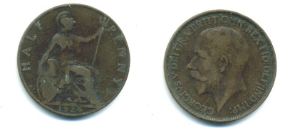 Великобритания 1/2 пенни 1924 Георг V (1910-1936) KM 809, Spink 4056 бронза 4383-947