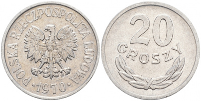 ПОЛЬША 20 ГРОШЕЙ 1970 MW KM А47 алюминий 4516-422