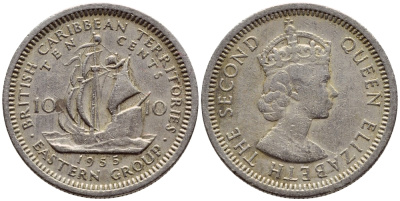 Британские Восточно-Карибские территории 10 центов 1955 Елизавета II (1952-2022), парусник KM 5 медно-никель 4387-217
