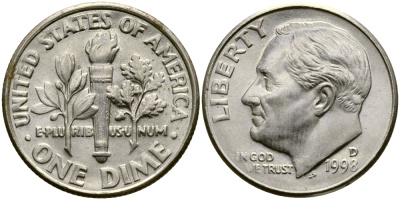 США 10 ЦЕНТОВ = 1 ДАЙМ 1998 D, РУЗВЕЛЬТ KM 195а медь плакированная медно-никелем 46-1116