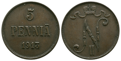 Россия для Финляндии 5 пенни 1913 Николай II (1894-1917) КМ 15, Биткин 453 медь 4382-834