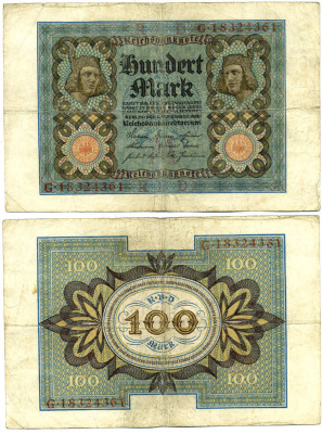 Германия 100 марок 1920 Бамбергский всадник, 8 цифр в номере Pick 69 b, Розенберг 69b бумага 3295-117-3-1