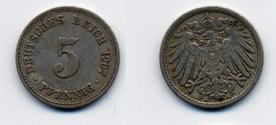 ГЕРМАНИЯ 5 ПФЕННИГОВ 1907 A, KM 11, J. 12 медно-никель 84-969