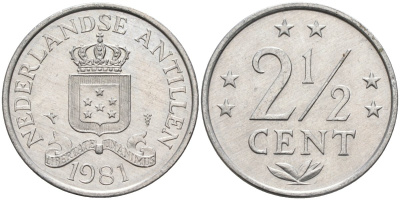 Нидерландские Антилы 2 1/2 цента 1981 Беатрикс (1980-2013) KM 9а алюминий 4586-756