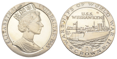 Гибралтар 1 крона 1993 Боевые корабли Второй мировой войны - USS Weehawken KM 116 медно-никель BU 1078-2-21