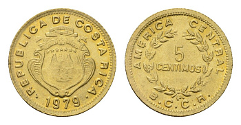 Коста-Рика 5 сентимо 1979 год-тип KM 184.3a латунь UNC 4687-961