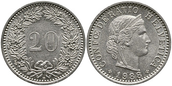 ШВЕЙЦАРИЯ 20 РАППЕНОВ 1988 В KM 29а медно-никель 4539-641
