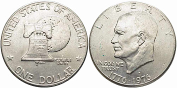 США 1 доллар 1976 D, 200 лет независимости, Президент Эйзенхауэр, колокол, тип II KM 206 медь плакированная медно-никелем 58-831