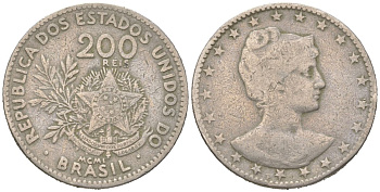 Бразилия 200 реалов 1901 MCMI, голова свободы вправо KM 504 медно-никель 4612-337