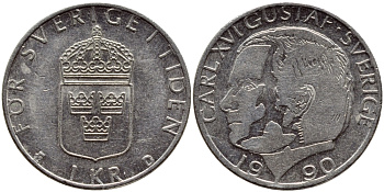 Швеция 1 крона 1990 Карл XVI Густав (1973- ) KM 852a медно-никель 4398-1226