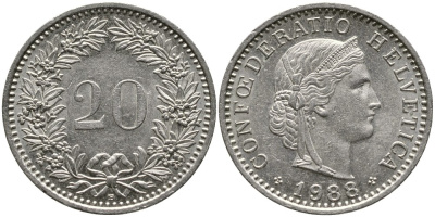 ШВЕЙЦАРИЯ 20 РАППЕНОВ 1988 В KM 29а медно-никель 4539-641