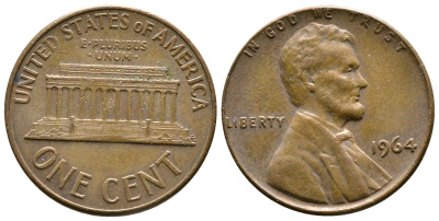 США 1 ЦЕНТ 1964 ЛИНКОЛЬН KM 201 медь цинк 93-1233