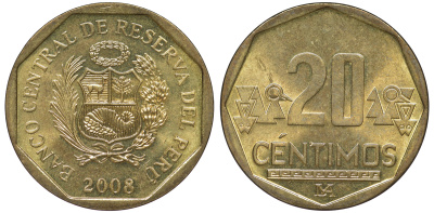 Перу 20 сентимо 2008 KM 306.4 латунь aUNC 4605-513