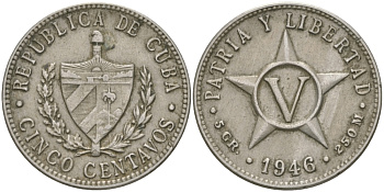 КУБА 5 СЕНТАВО 1946 ЗВЕЗДА, ПЕРВАЯ РЕСПУБЛИКА KM 11.3 медно-никель 98-736