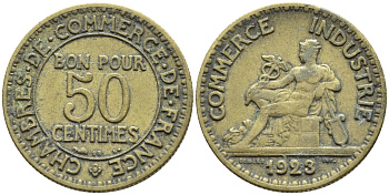 ФРАНЦИЯ 50 САНТИМОВ 1923 CHAMBRES DE COMMERCE KM 834, LE FRANC 191.6 алюминиевая бронза 4392-733