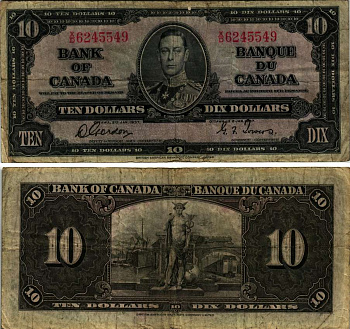 КАНАДА 10 ДОЛЛАРОВ 1937 ГЕОРГ VI, ПОДПИСЬ GORDON-TOWERS, BABNC Pick 61b бумага 451-256-1