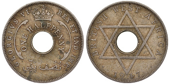 Британская Западная Африка 1/2 пенни 1947 H, Георг VI KM 18 медно-никель 25-2252