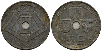 Бельгия 5 сантимов 1941 Belgie - Belgique KM 124 цинк 4602-135