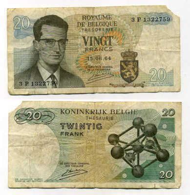 Бельгия 20 франков 1964 Бодуэн I, атомиум, Kestens Pick 138 (3) бумага 6289-40-3-2