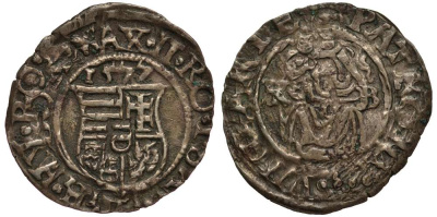 Венгрия 1 денар 1577 К-В, Максимилиан II Габсбург (1564-1576), мадонна с младенцем, вес 0,53 го. серебро 4182-1141