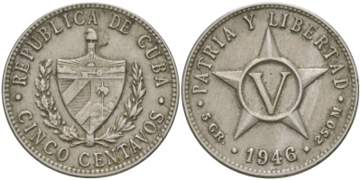 КУБА 5 СЕНТАВО 1946 ЗВЕЗДА, ПЕРВАЯ РЕСПУБЛИКА KM 11.3 медно-никель 98-736