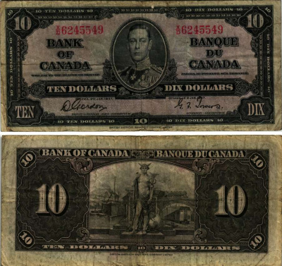 Канада 10 долларов 1937 Георг VI, подпись GORDON-TOWERS, BABNC Pick 61b  бумага   451-256-1