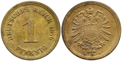 ГЕРМАНИЯ 1 ПФЕННИГ 1876 D, СТАРОГЕРБОВКА KM 1, J. 1 медь 4396-251