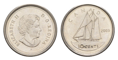 Канада 10 центов 2003 P, Елизавета II (1952-2022), парусник KM 492 сталь плакированная никелем UNC 4630-855