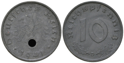 Германия 10 рейхспфеннигов 1941 D J. 371, KM 101 цинк  3459-555