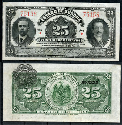 Мексика, Estado de Sonora, Hermosillo 25 сентаво 1915 Франсиско Игнасио Мадеро, Хосе Мария Пино Суарес Pick S 1069  бумага  UNC (пресс) 451-692-1