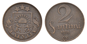 Латвия 2 сантима 1928 KM 2 бронза 4689-921
