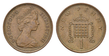 Великобритания 1 новый пенни 1980 Елизавета II (1952-2022) KM 915, Spink 4237 (B1) бронза 99-527