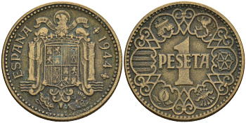 Испания 1 песета 1944 национальное правительство (1939 - 1947) KM 767 алюминиевая бронза 4155-312