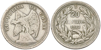Чили 20 сентаво 1932 KM 167 медно-никель 4513-1044