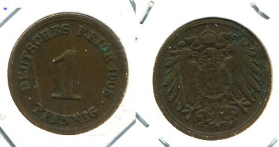 ГЕРМАНИЯ 1 ПФЕННИГ 1908 F KM 10, J 10 медь 701-323